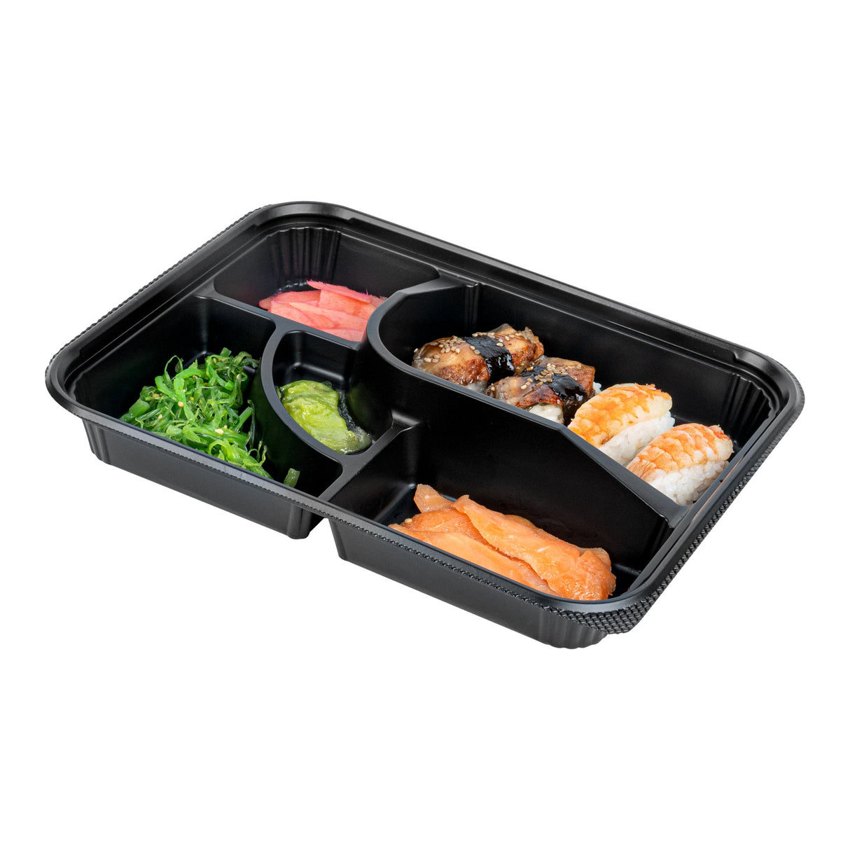 Boxes, 5-Compartment, Bento Tek 26 Ounce, Plastic, Black, 10.50 x 8 x 1.75 Inch, Rectangular,50 - 1 EACH
