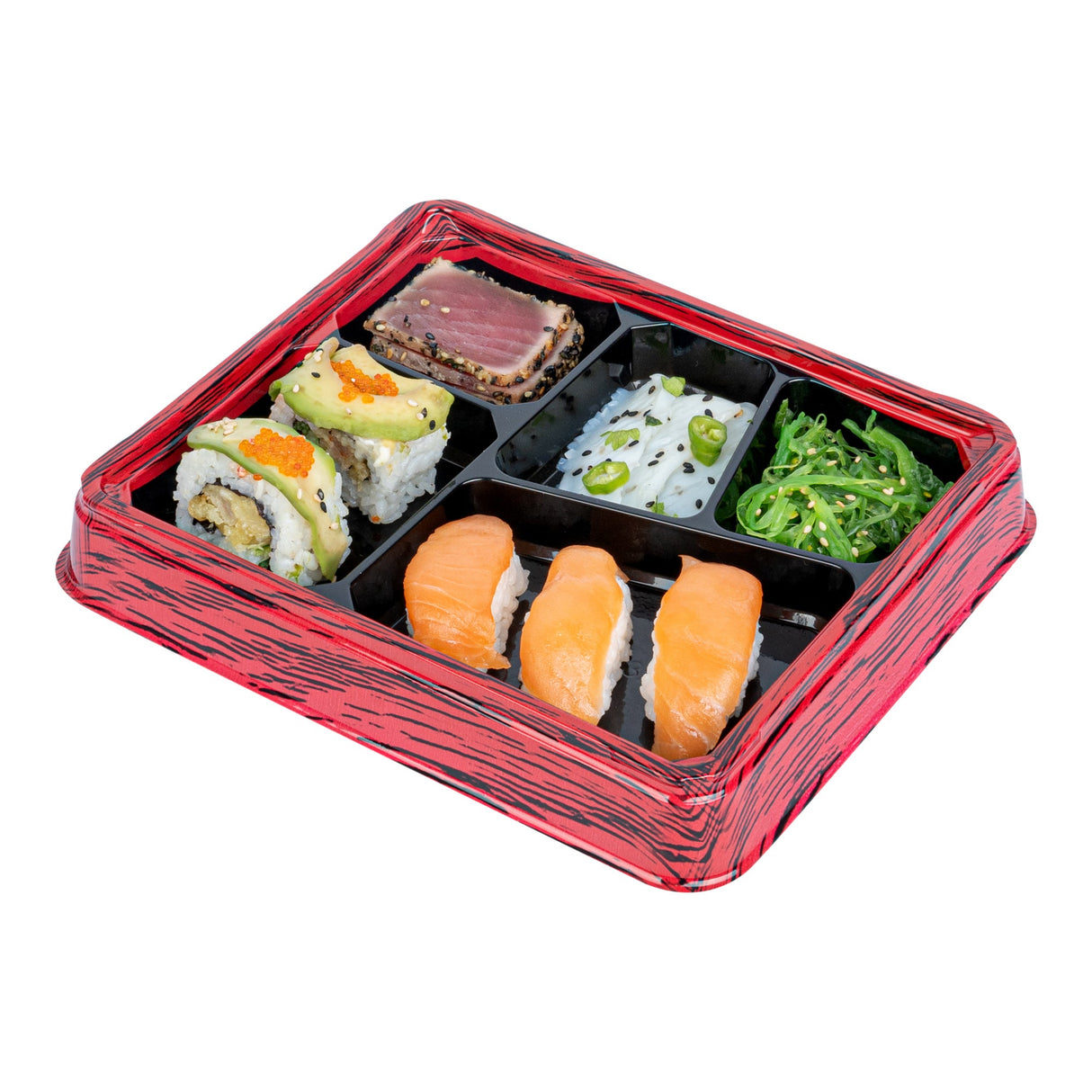 Boxes, 5-Compartment, Bento Tek 18 Ounce, Plastic, Red & Black, 9.25 x 7.75 x 1.25 Inch, Rectangular,50 - 1 EACH