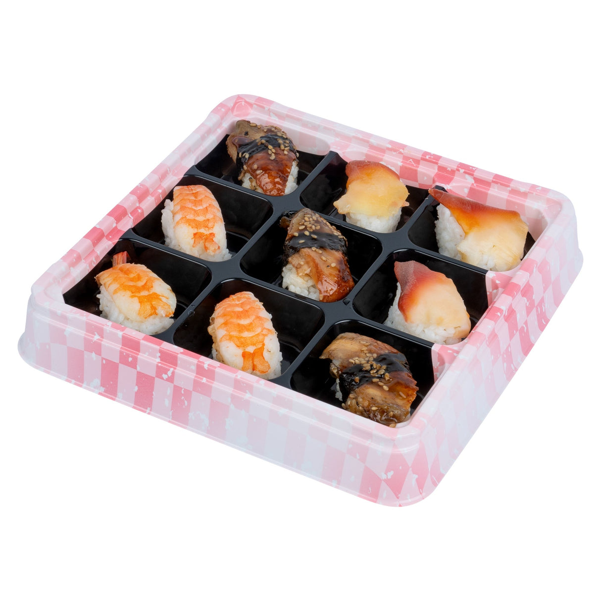 Boxes, 9-Compartment, Bento Tek 17 Ounce, Plastic, Pink & Black, 8.50 x 8.50 x 1.25 Inch, Square,50 - 1 EACH