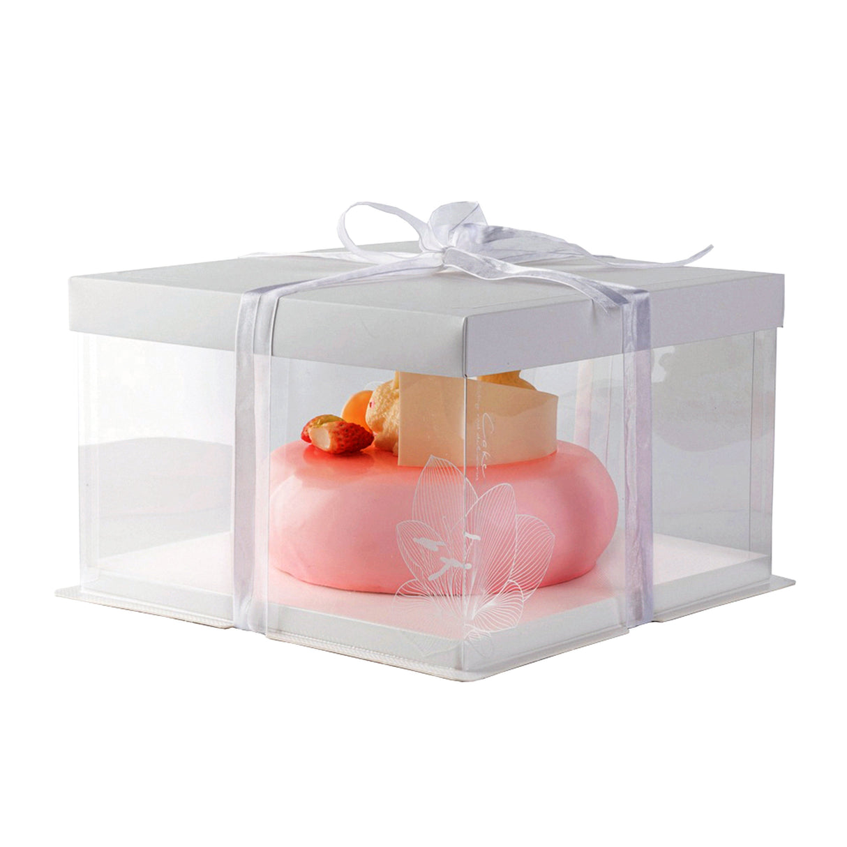 Boxes, Cake, Sweet Vision 10 x 10 x 8.25 Inch, Plastic, Clear, Square, with White Base & Lid/Gray Ribbon/Lotus Accent,1 - 10 COUNT