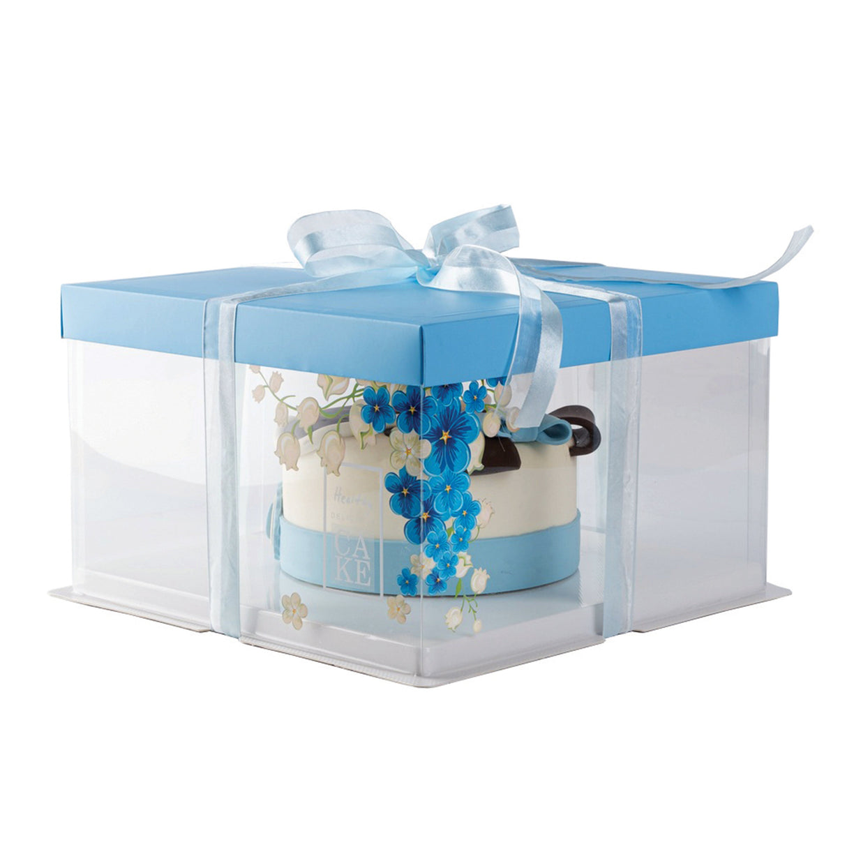 Boxes, Cake, Sweet Vision 10 x 10 x 8.25 Inch, Plastic, Clear, Square, with White Base/Blue Ribbon/Flower Accent,1 - 10 COUNT