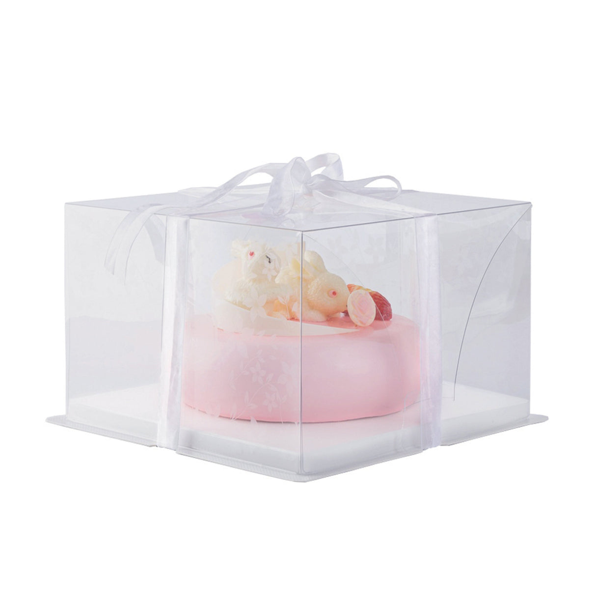 Boxes, Cake, Sweet Vision 10 x 10 x 6.75 Inch, Plastic, Clear, Square, with White Base/Gray Ribbon/Flower Garden Design,1 - 10 COUNT