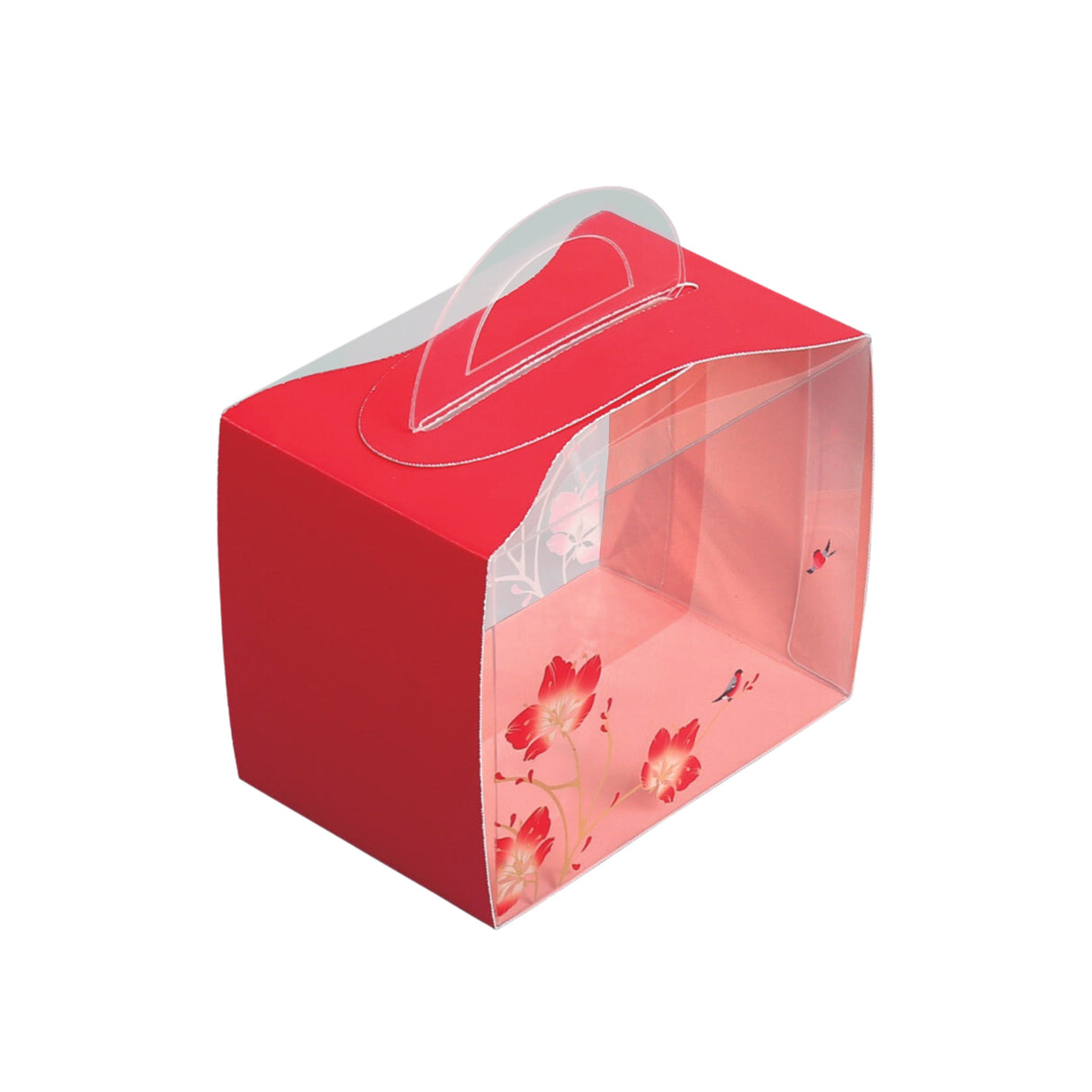 Boxes, Cupcake, 5 x 3.25 x 4 Inch, Plastic with Paper Wrap, Clear & Red, Rectangle, with Handle & Flower/Bird Accent,1 - 100 COUNT