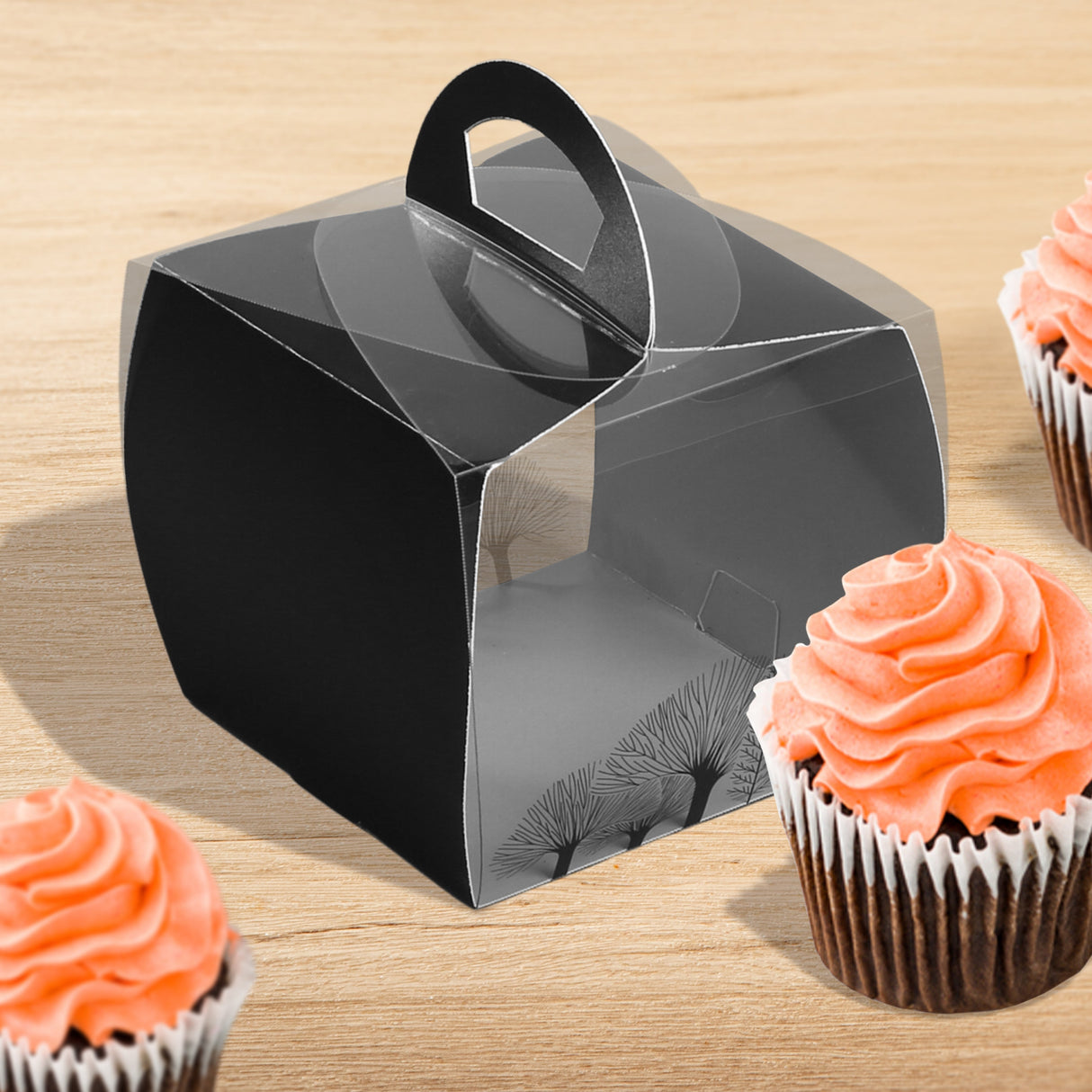 Boxes, Cupcake, 4 x 4 x 4.25 Inch, Plastic with Paper Wrap, Clear & Black, Square, with Handle & Tree Accent,1 - 100 COUNT