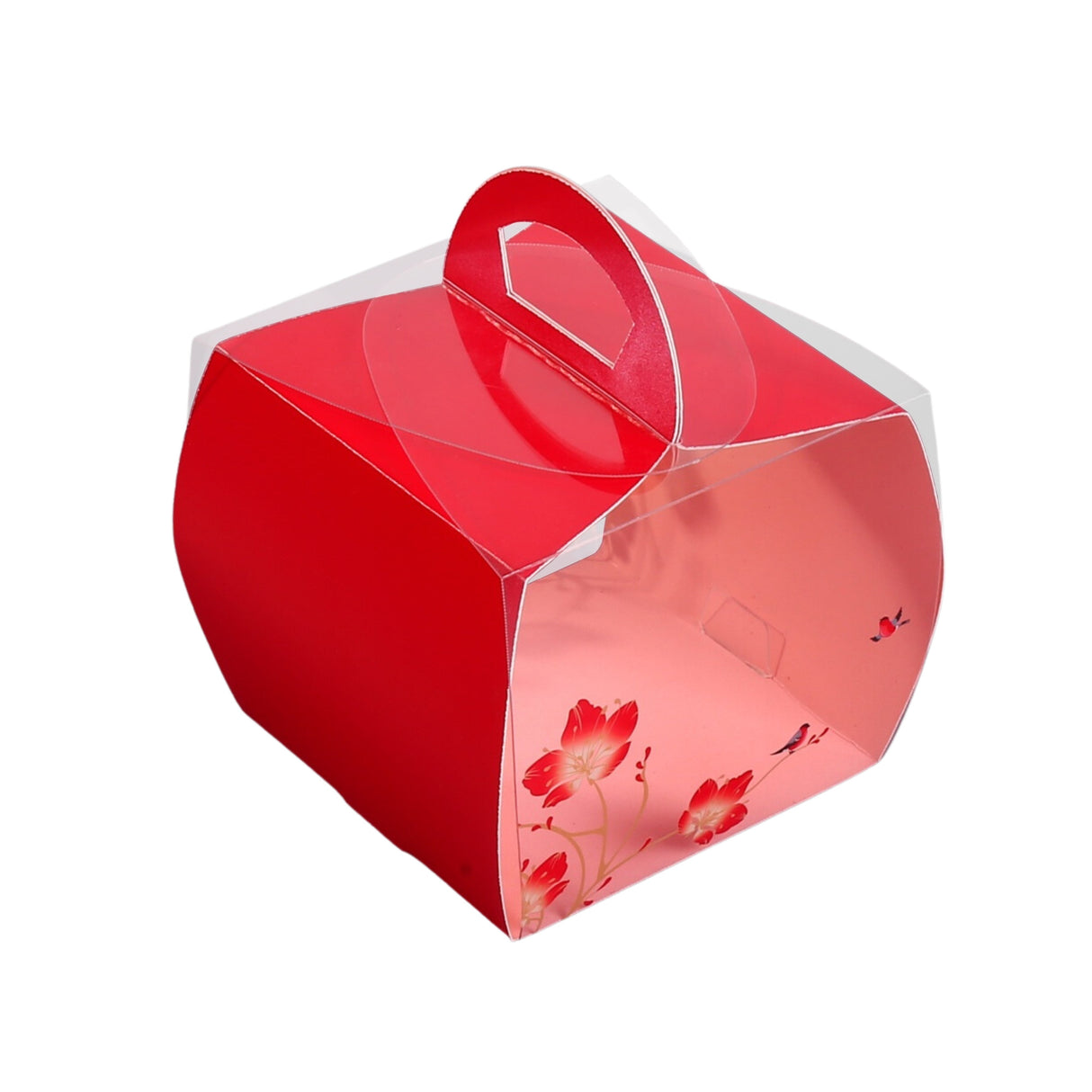 Boxes, Cupcake, 4 x 4 x 4.25 Inch, Plastic with Paper Wrap, Clear & Red, Square, with Handle & Flower/Bird Accent,1 - 100 COUNT