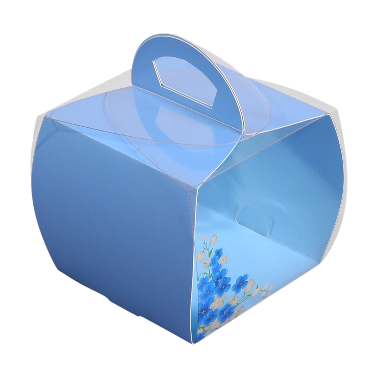 Boxes, Cupcake, 4 x 4 x 4.25 Inch, Plastic with Paper Wrap, Clear & Blue, Square, with Handle & Flower Accent,1 - 100 COUNT