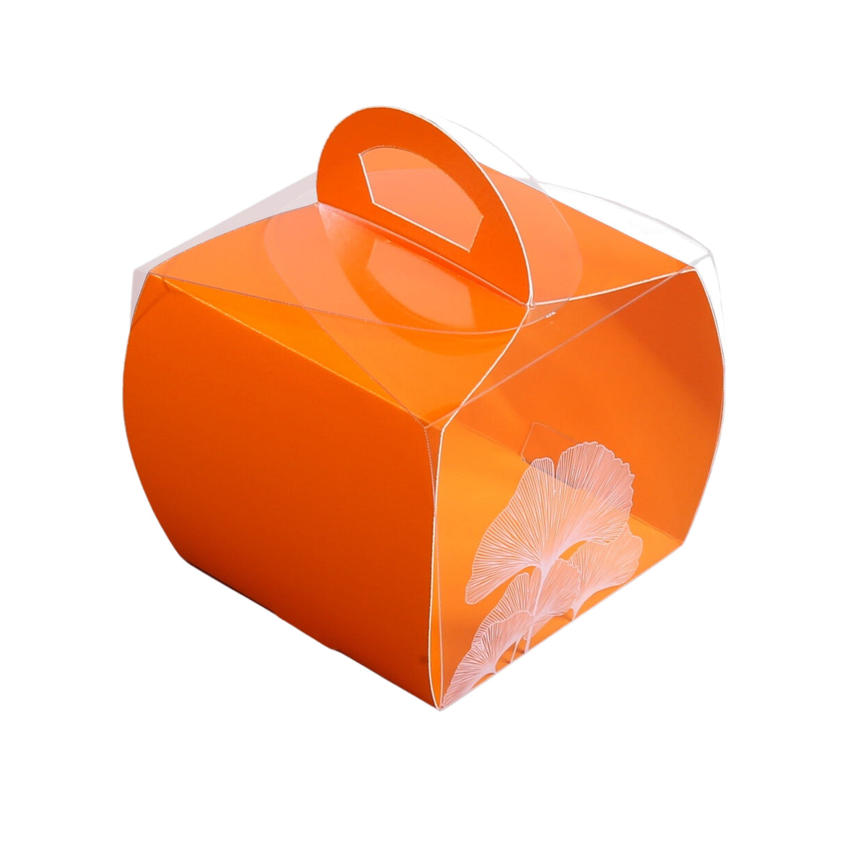 Boxes, Cupcake, 4 x 4 x 4.25 Inch, Plastic with Paper Wrap, Clear & Orange, Square, with Handle & Leaf Accent,1 - 100 COUNT
