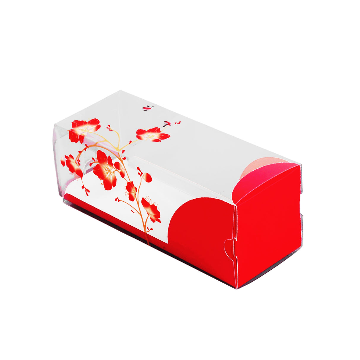 Boxes, Eclair, 7 x 2.5 x 2.5 Inch, Plastic with Paper Sleeve, Clear & Red, Rectangle, with Flower/Bird Accent,1 - 100 COUNT