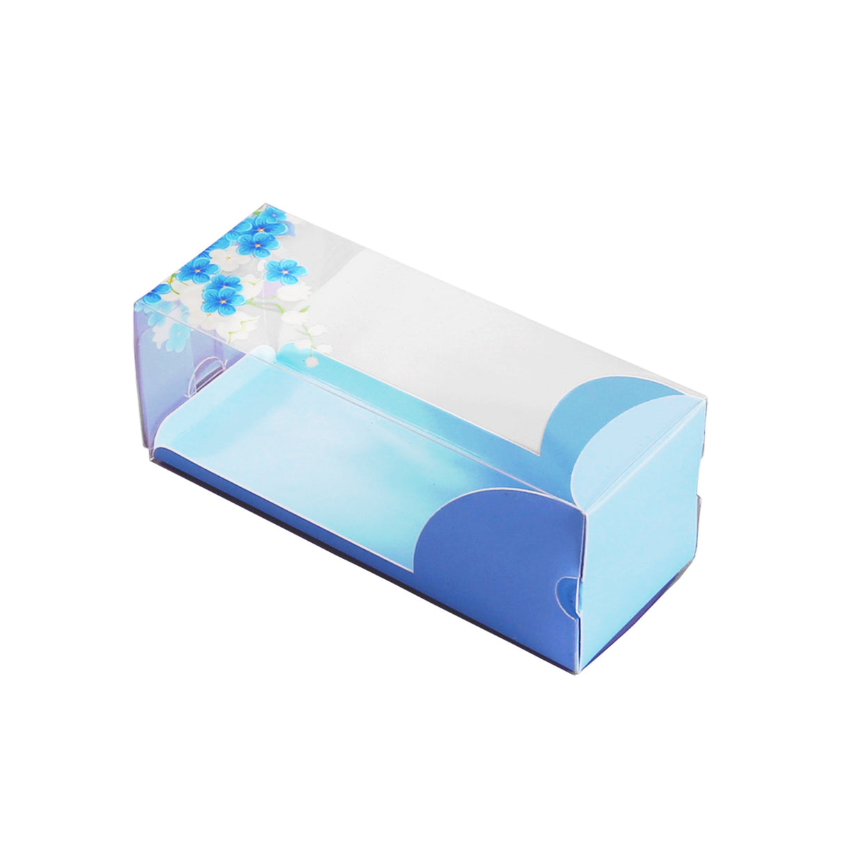 Boxes, Eclair, 7 x 2.5 x 2.5 Inch, Plastic with Paper Sleeve, Clear & Blue, Rectangle, with Flower Accent,1 - 100 COUNT