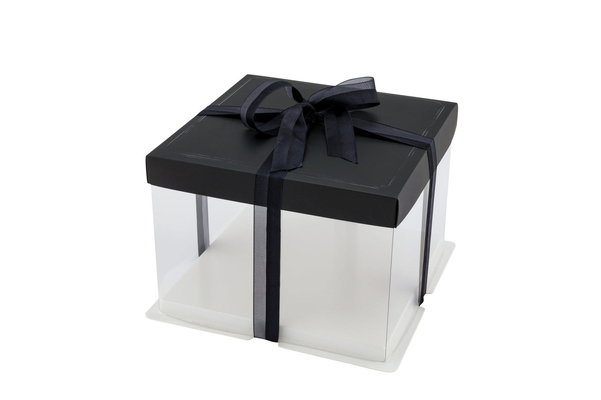 Boxes, Cake, 8.5 x 8.5 x 6.75 Inch, Plastic, Clear, Square, with Black Lid/White Base/Black Ribbon,1 - 10 COUNT