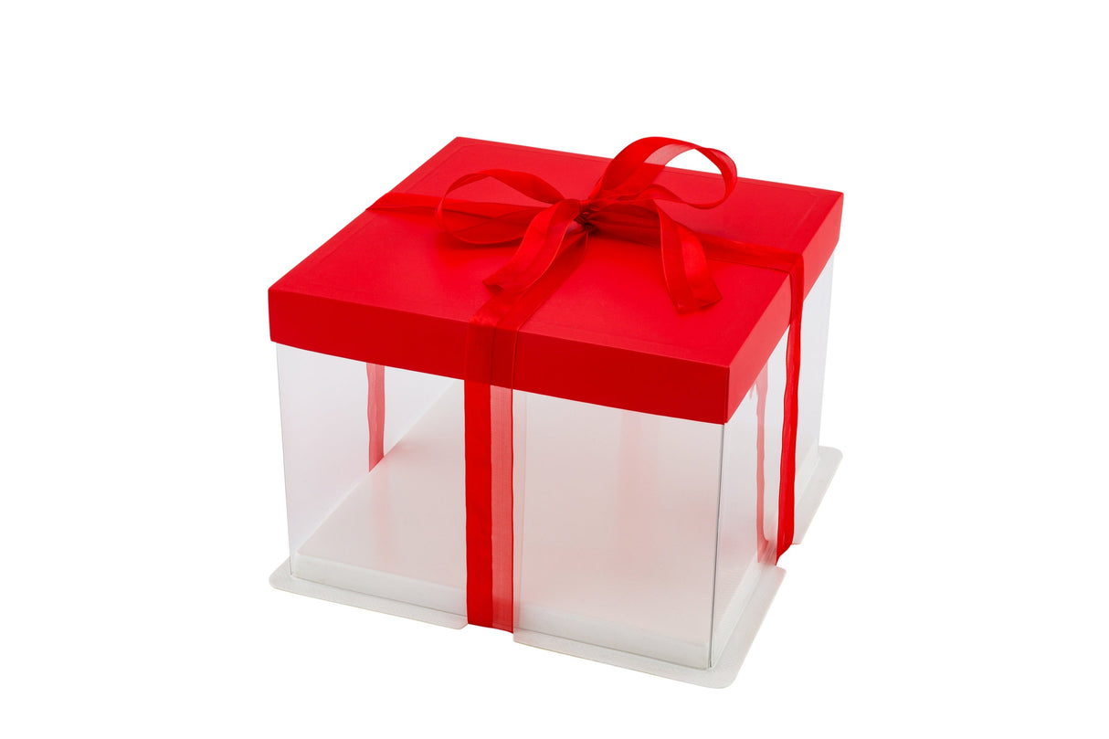 Boxes, Cake, 8.5 x 8.5 x 6.75 Inch, Plastic, Clear, Square, with Red Lid/White Base/Red Ribbon,1 - 10 COUNT