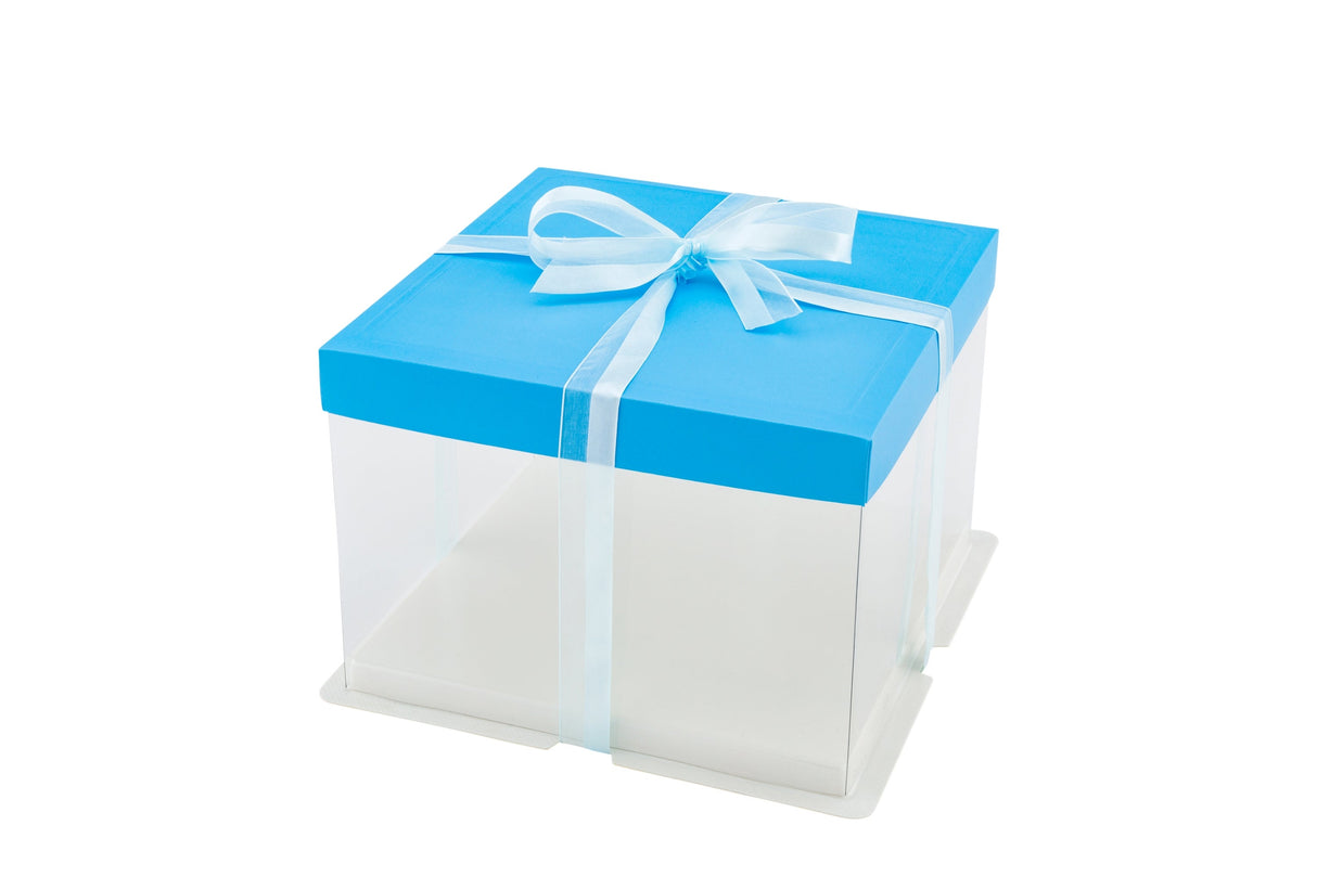Boxes, Cake, 8.5 x 8.5 x 6.75 Inch, Plastic, Clear, Square, with Blue Lid/White Base/Blue Ribbon,1 - 10 COUNT