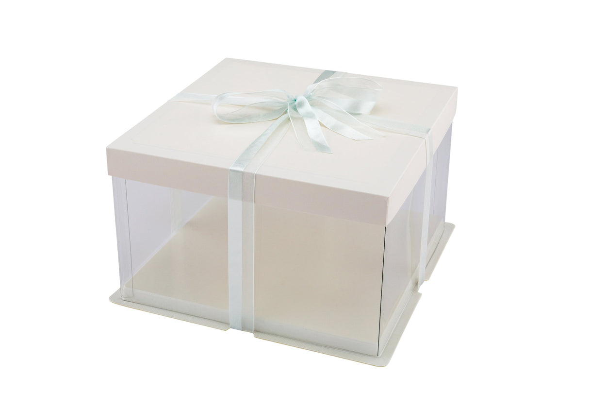 Boxes, Cake, 10 x 10 x 6.75 Inch, Plastic, Clear, Square, with White Lid/White Base/Gray Ribbon,1 - 10 COUNT