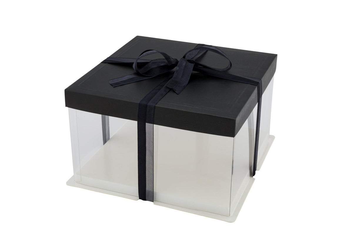 Boxes, Cake, 10 x 10 x 8.25 Inch, Plastic, Clear, Square, with Black Lid/White Base/Black Ribon,1 - 10 COUNT