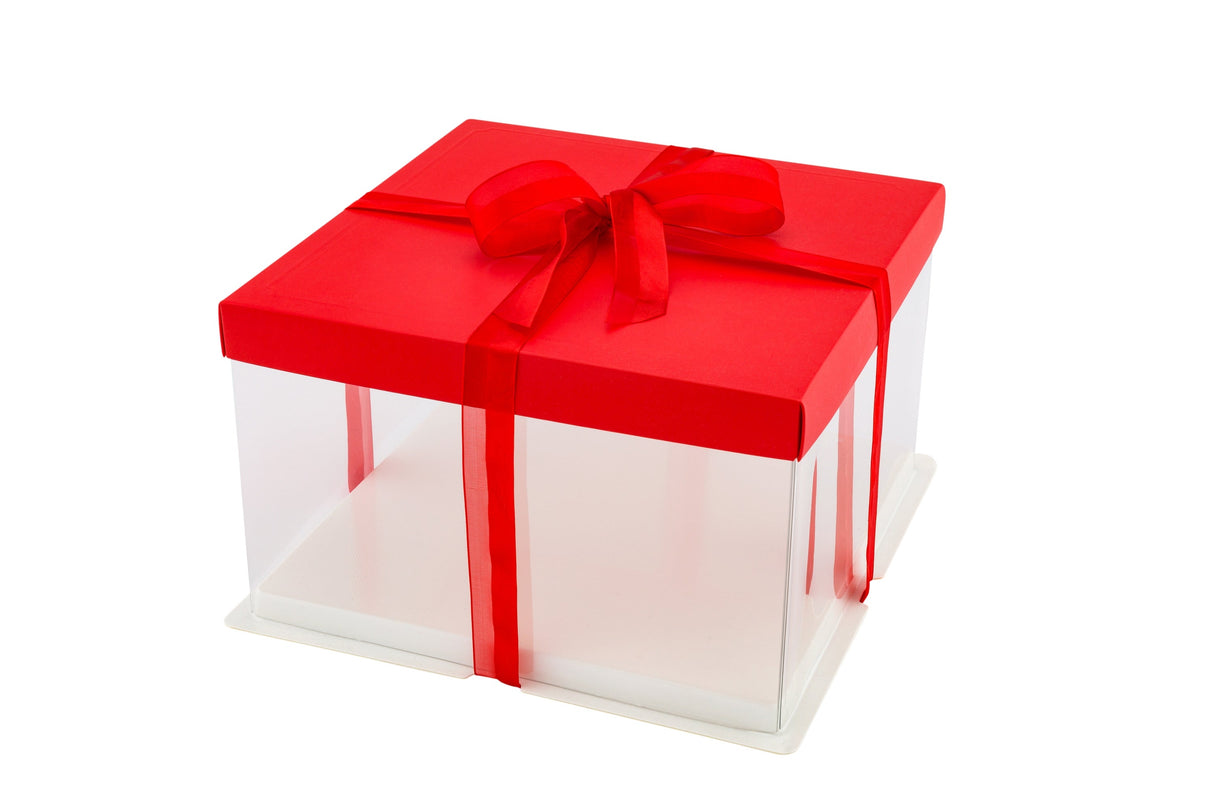 Boxes, Cake, 10 x 10 x 6.75 Inch, Plastic, Clear, Square, with Red Lid/White Base/Red Ribbon,1 - 10 COUNT