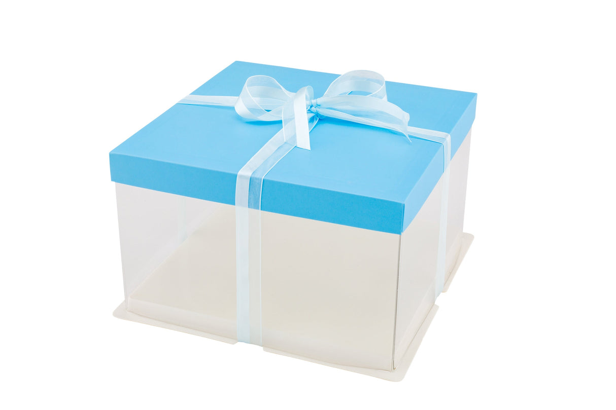 Boxes, Cake, 10 x 10 x 6.75 Inch, Plastic, Clear, Square, with Blue Lid/White Base/Blue Ribbon,1 - 10 COUNT