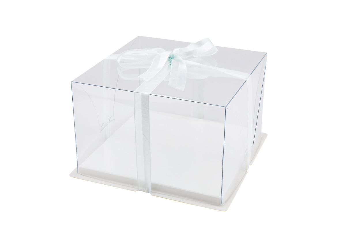 Boxes, Cake, 10 x 10 x 6.75 Inch, Plastic, Clear, Square, with White Base & Gray Ribbon,1 - 10 COUNT
