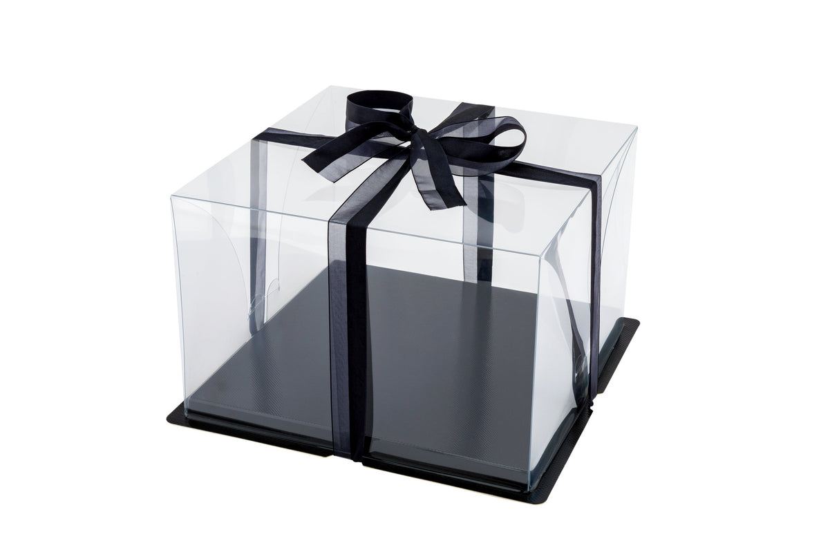 Boxes, Cake, 10 x 10 x 6.75 Inch, Plastic, Clear, Square, with Black Base & Black Ribbon,1 - 10 COUNT