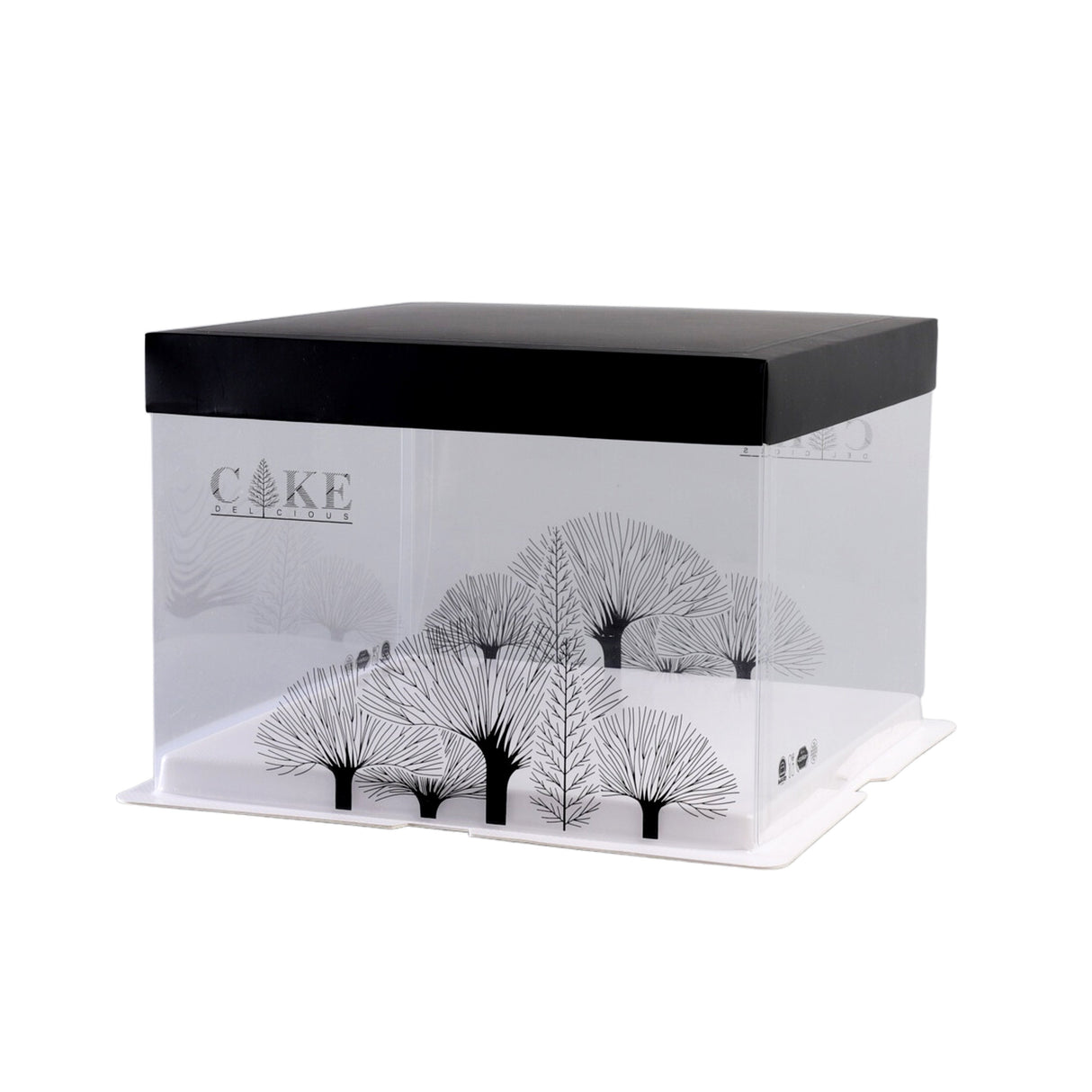 Boxes, Cake, 10 x 10 x 8.25 Inch, Square, Clear Plastic, White Base, Black Lid, Black Ribbon, Tree Accent,1 - 10 COUNT