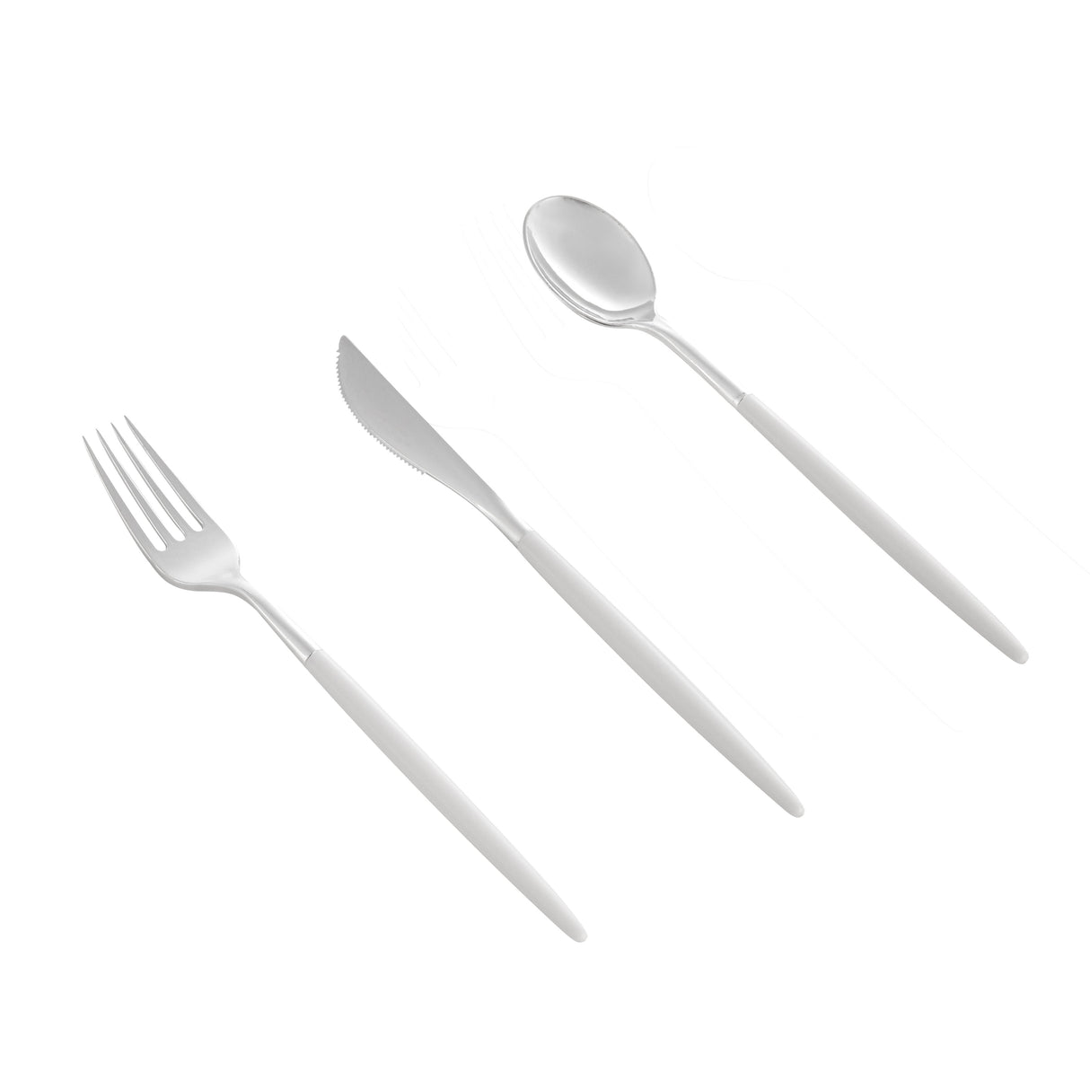 Cutlery Sets, Fork/Knife/Spoon, Moderna, Plastic, SIlver, White Handle, 7.50 Inch,3 - 20 COUNT