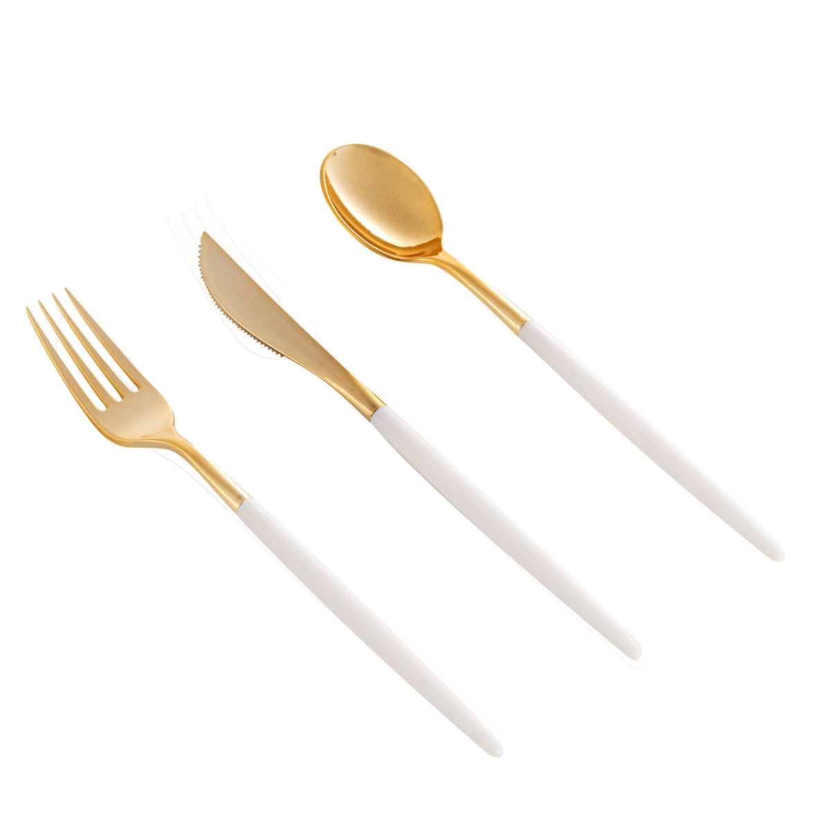 Cutlery Sets, Fork/Knife/Spoon, Moderna, Plastic, Gold, White Handle, 7.50 Inch,3 - 20 COUNT
