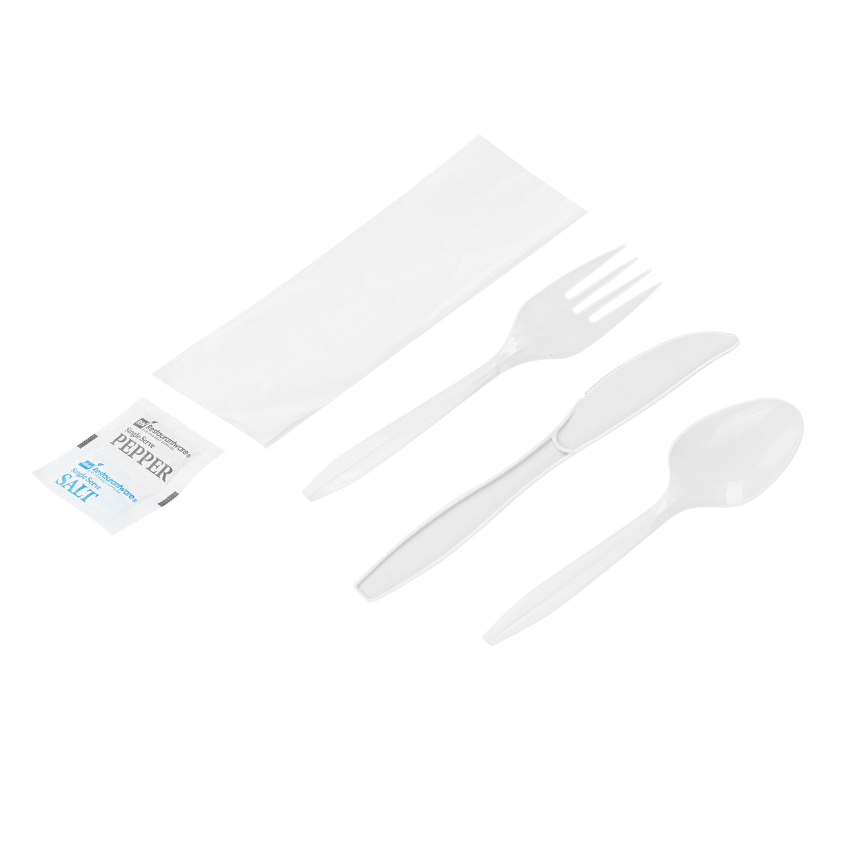 Cutlery Kits, Fork/Knife/Spoon, RW Base, Plastic, White, 6.50 Inch, includes Napkin/Salt/Pepper, Wrapped,2 - 250 COUNT