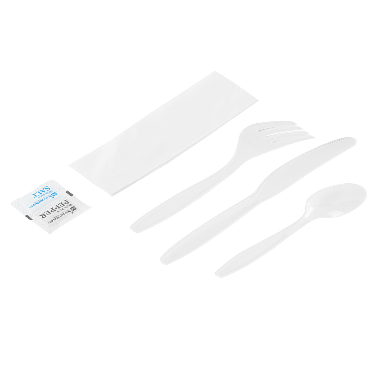 Cutlery Kits, Fork/Knife/Spoon, RW Base, Extra Heavy Weight Plastic, White, 7.50 Inch, includes Napkin/Salt/Pepper, Wrapped,2 - 250 COUNT