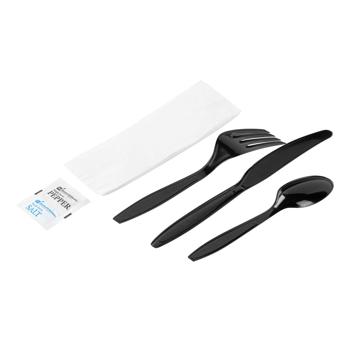 Cutlery Kits, Fork/Knife/Spoon, RW Base, Extra Heavy Weight Plastic, Black, 7.50 Inch, includes Napkin/Salt/Pepper, Wrapped,2 - 250 COUNT