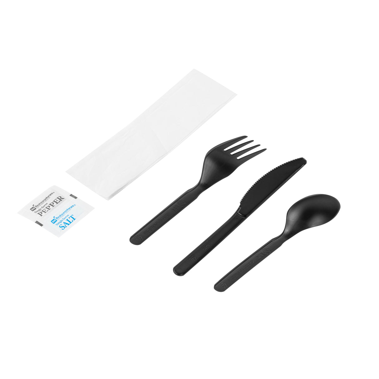 Cutlery Kits, Fork/Knife/Spoon, Basic Nature, Plastic, Black, 6.25 Inch, includes Napkin/Salt/Pepper, Wrapped, PLA,2 - 250 COUNT