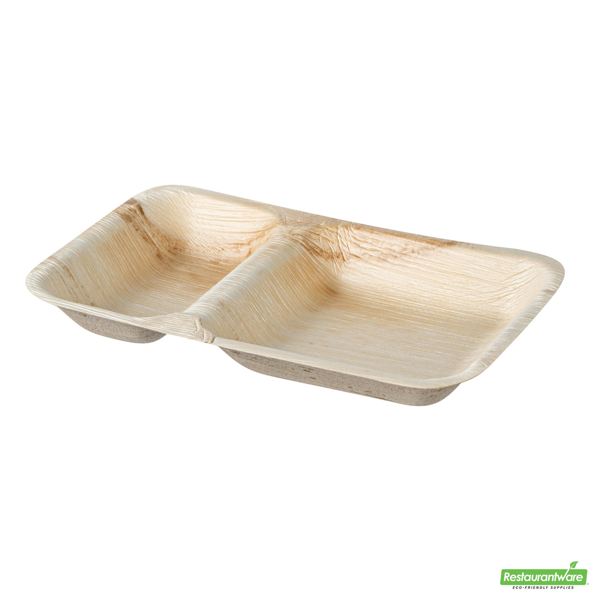 Plates, 2-Compartment, Indo 9.50 x 6 x 1.25 Inch, Palm Leaf, Natural, Rectangular,4 - 25 COUNT