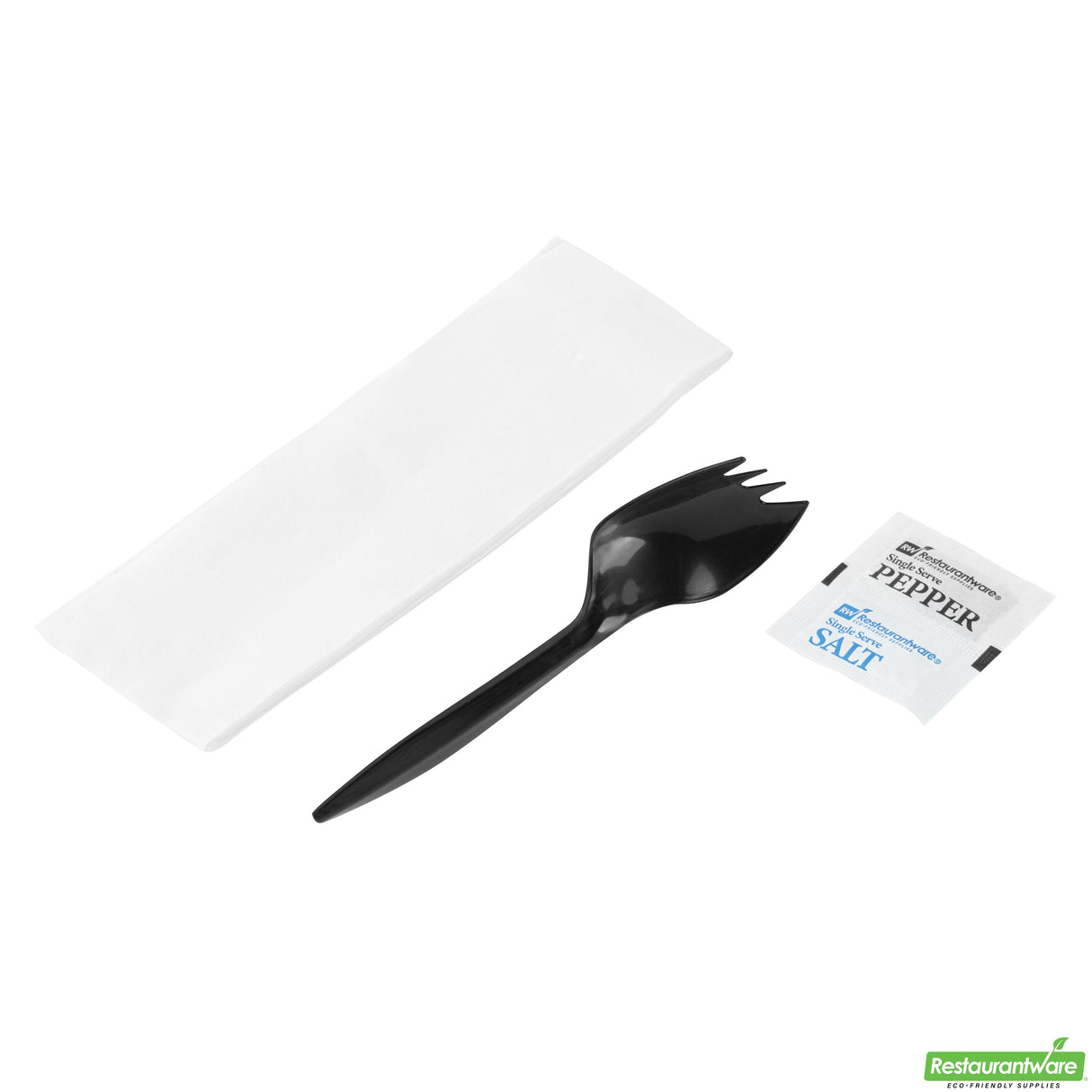 Cutlery Kits, Spork, RW Base, Plastic, Black, with Napkin/Salt/Pepper, 5.25 Inch, Wrapped,250 - 4 PIECE