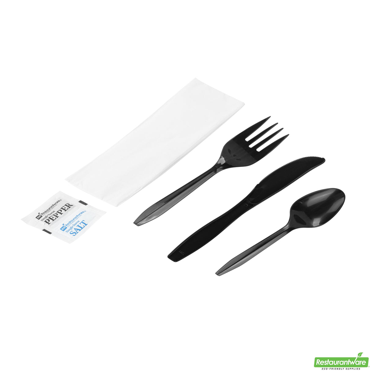 Cutlery Kits, Fork/Knife/Spoon, RW Base, Plastic, Black, with Napkin/Salt/Pepper, 6.50 Inch, Wrapped,250 - 6 PIECE