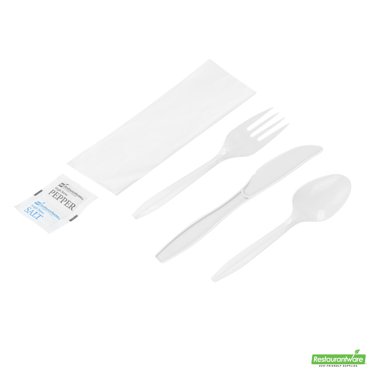 Cutlery Kits, Fork/Knife/Spoon, RW Base, Plastic, White, with Napkin/Salt/Pepper, 6.50 Inch, Wrapped,250 - 6 PIECE