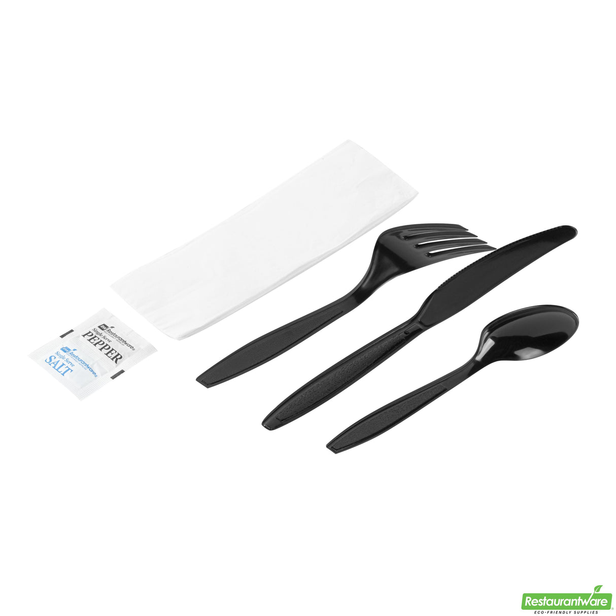Cutlery Kits, Fork/Knife/Spoon, RW Base, Extra Heavy Weight Plastic, Black, with Napkin/Salt/Pepper, 7.50 Inch, Wrapped,250 - 6 PIECE