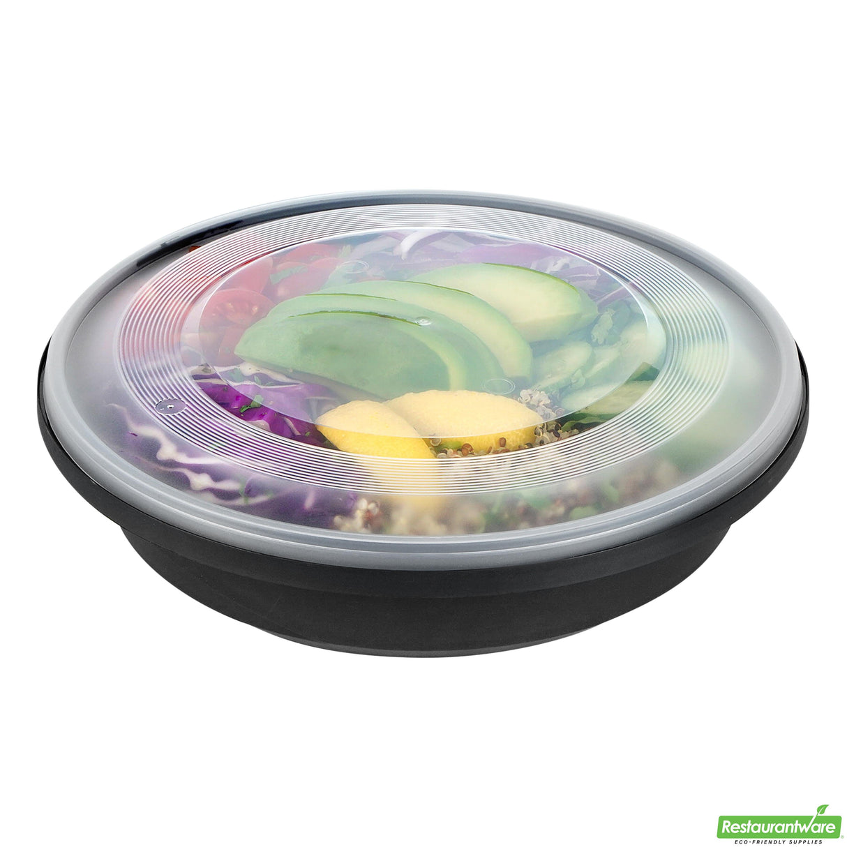 Bowls, Serving, Cater Tek 51 Ounce, Microwavable Plastic, Black, 9.25 x 9.25 x 3 Inch, includes Clear Lid, Round,25 - 2 PIECE