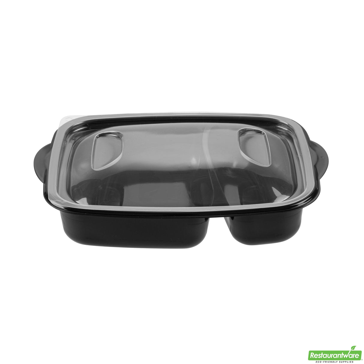 Containers, 2-Compartment Food, RW Base 36 Ounce, Microwavable Plastic, Black, 8.75 x 7 x 2.25 Inch, Rectangular, includes Clear Lid,50 - 2 PIECE