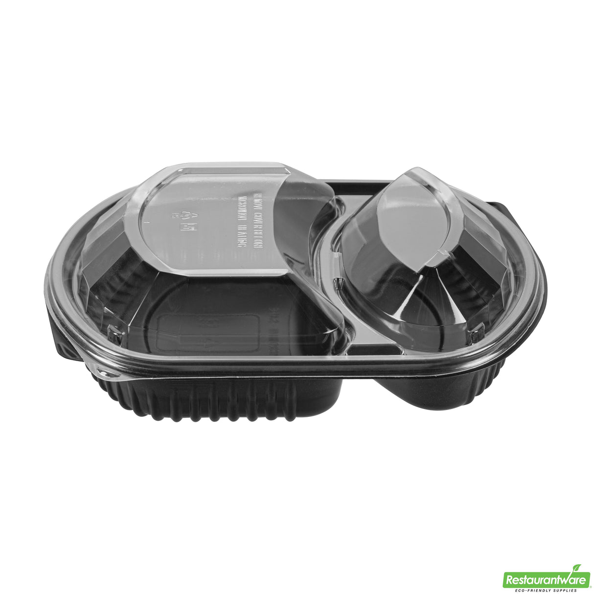 Containers, 2-Compartment Food, RW Base 36 Ounce, Microwavable Plastic, Black, 9.25 x 8 x 2.75 Inch, Rectangular, includes Clear Lid,2 - 50 COUNT