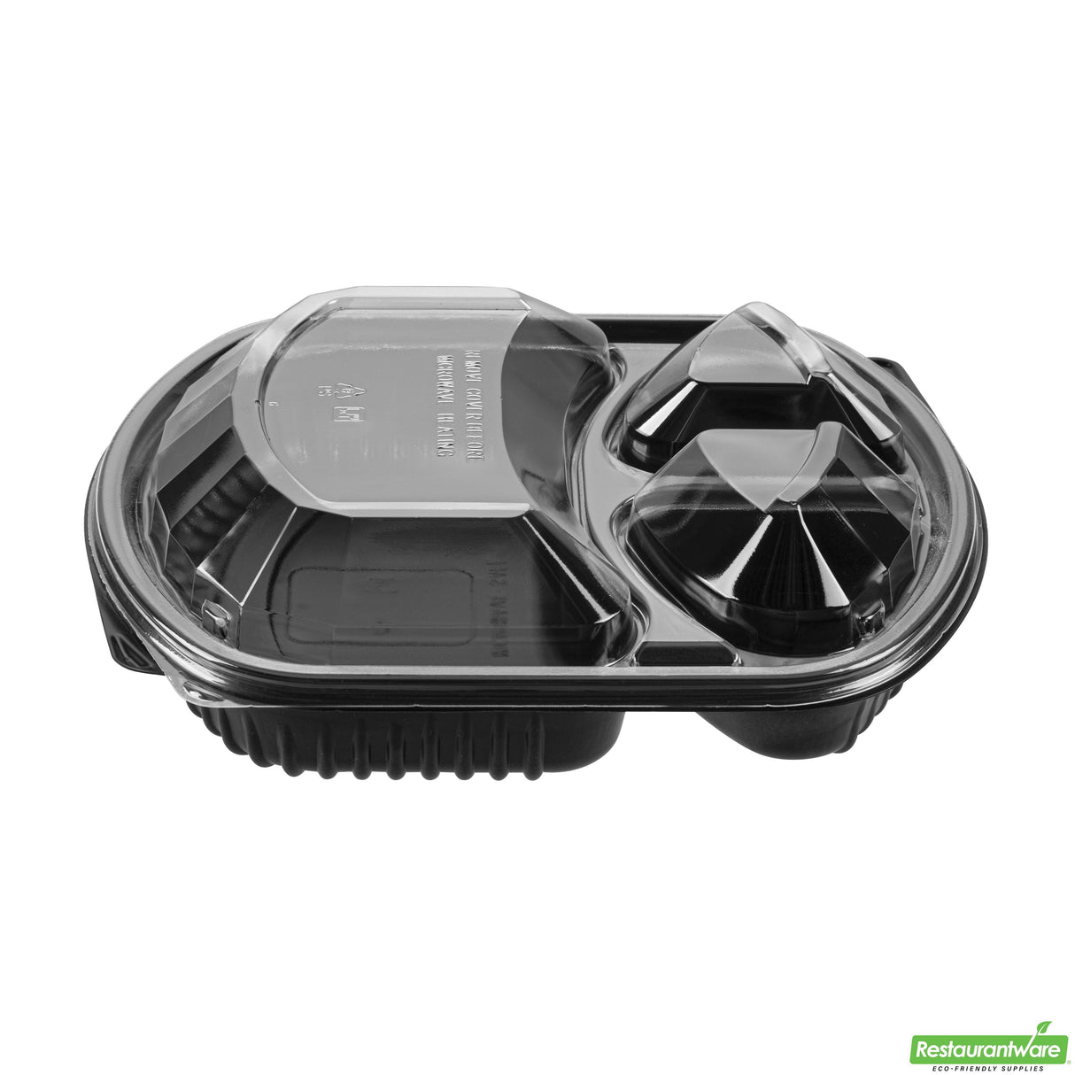 Containers, 3-Compartment Food, RW Base 36 Ounce, Microwavable Plastic, Black, 9.25 x 8 x 2.75 Inch, Rectangular, includes Clear Lid,2 - 50 COUNT