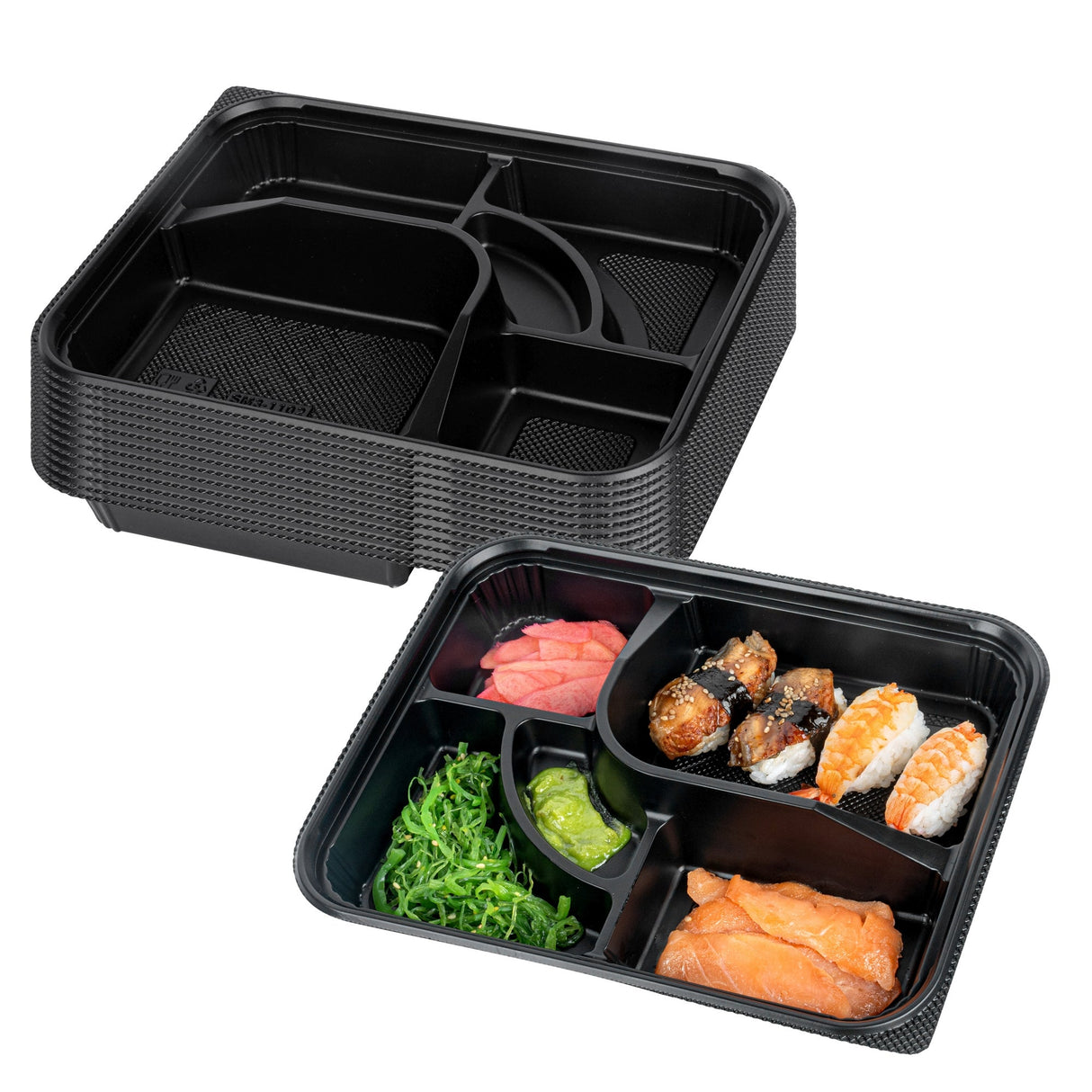 Boxes, 5-Compartment, Bento Tek 26 Ounce, Plastic, Black, 10.50 x 8 x 1.75 Inch, Rectangular,2 - 50 COUNT