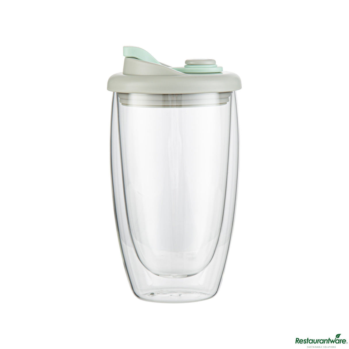 Mugs, Travel, 15 Ounce, Glass, Double Wall, with Gray & Green Lid,10 - 1 EACH