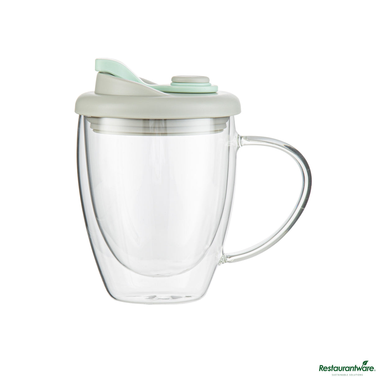 Mugs, Travel, 12 Ounce, Glass, Double Wall, with Handle & Gray and Green Lid,10 - 1 EACH