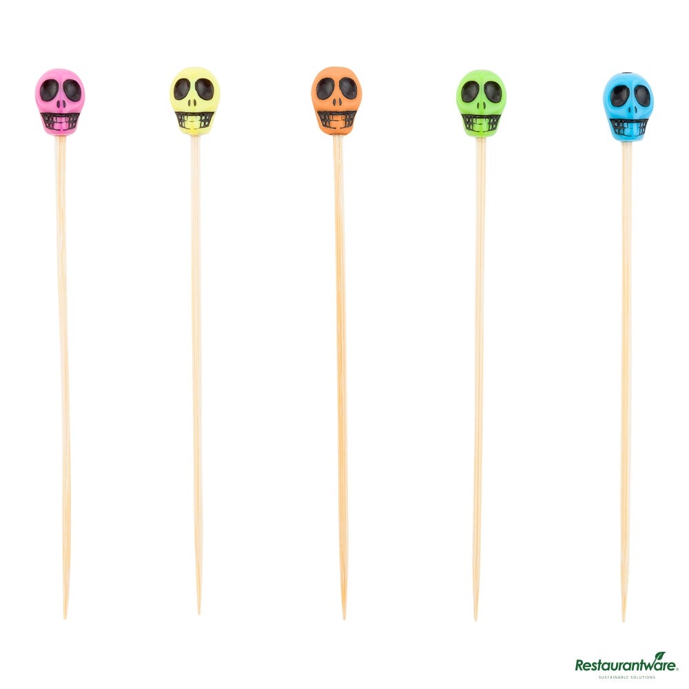 Skewers, 4 Inch, Bamboo, with Acrylic & Wood Skulls,1 - 1000 COUNT
