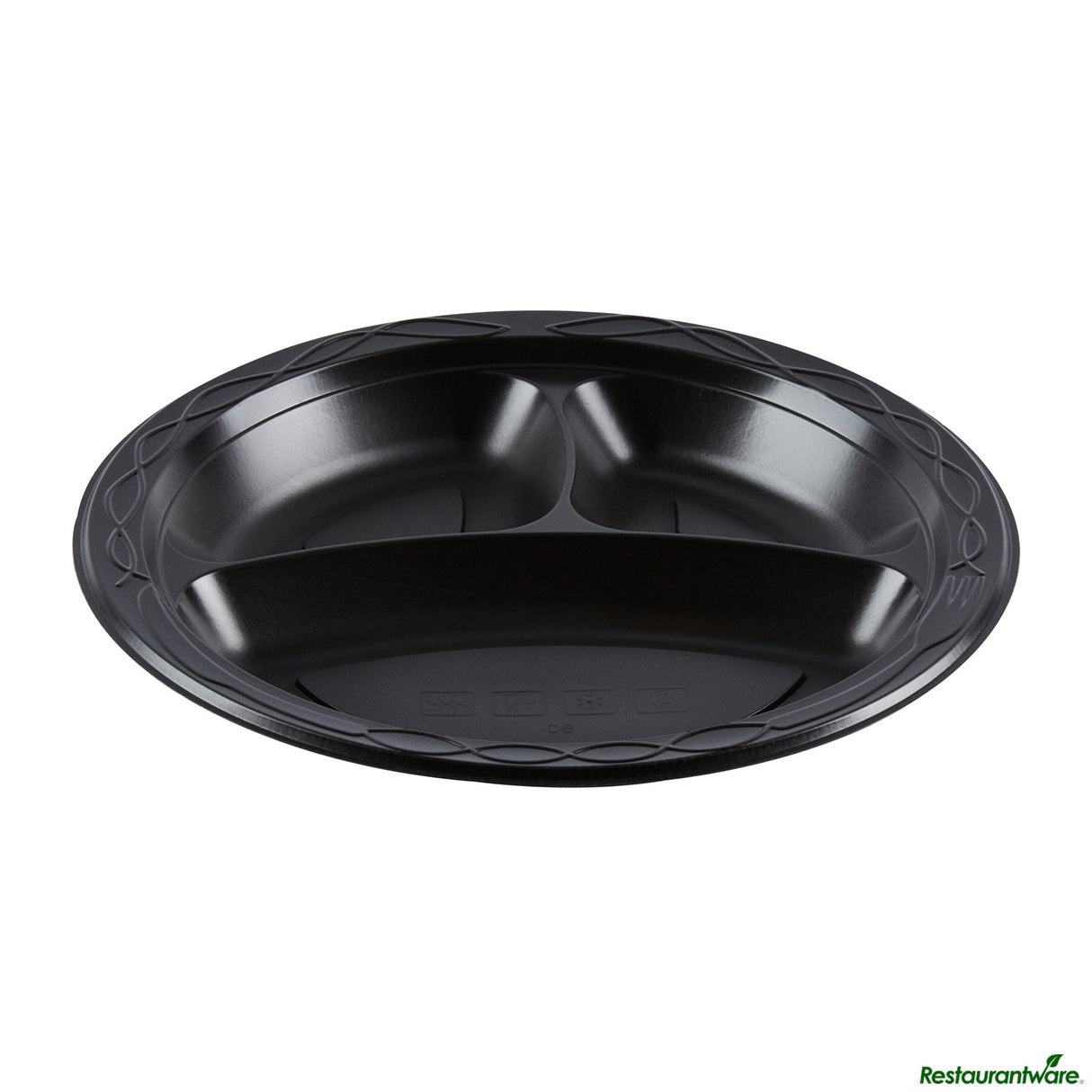 Plates, 3-Compartment, RW Base 9 x 9 x 0.75 Inch, Microwavable Plastic, Black, Round,50 - 1 EACH