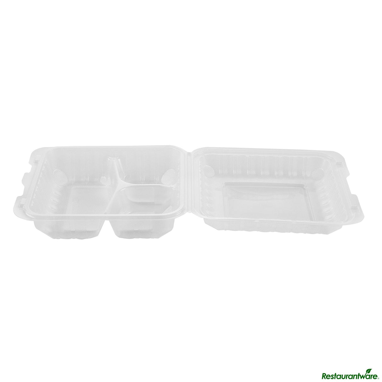 Containers, 3-Compartment, RW Base 47 Ounce, Microwavable Plastic, Clear, 9 x 9 x 3.50 Inch, Clamshell, Square,50 - 1 EACH
