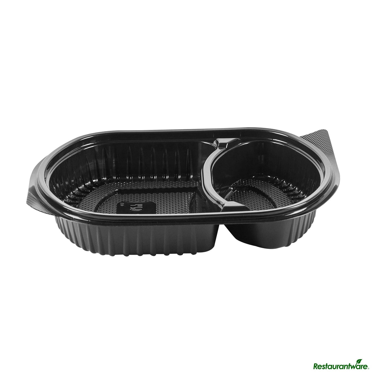 Containers, 2-Compartment, RW Base 28 Ounce, Microwavable Plastic, Black, 9.50 x 8 x 2.75 Inch, Oval, Includes Clear Lid,50 - 1 EACH