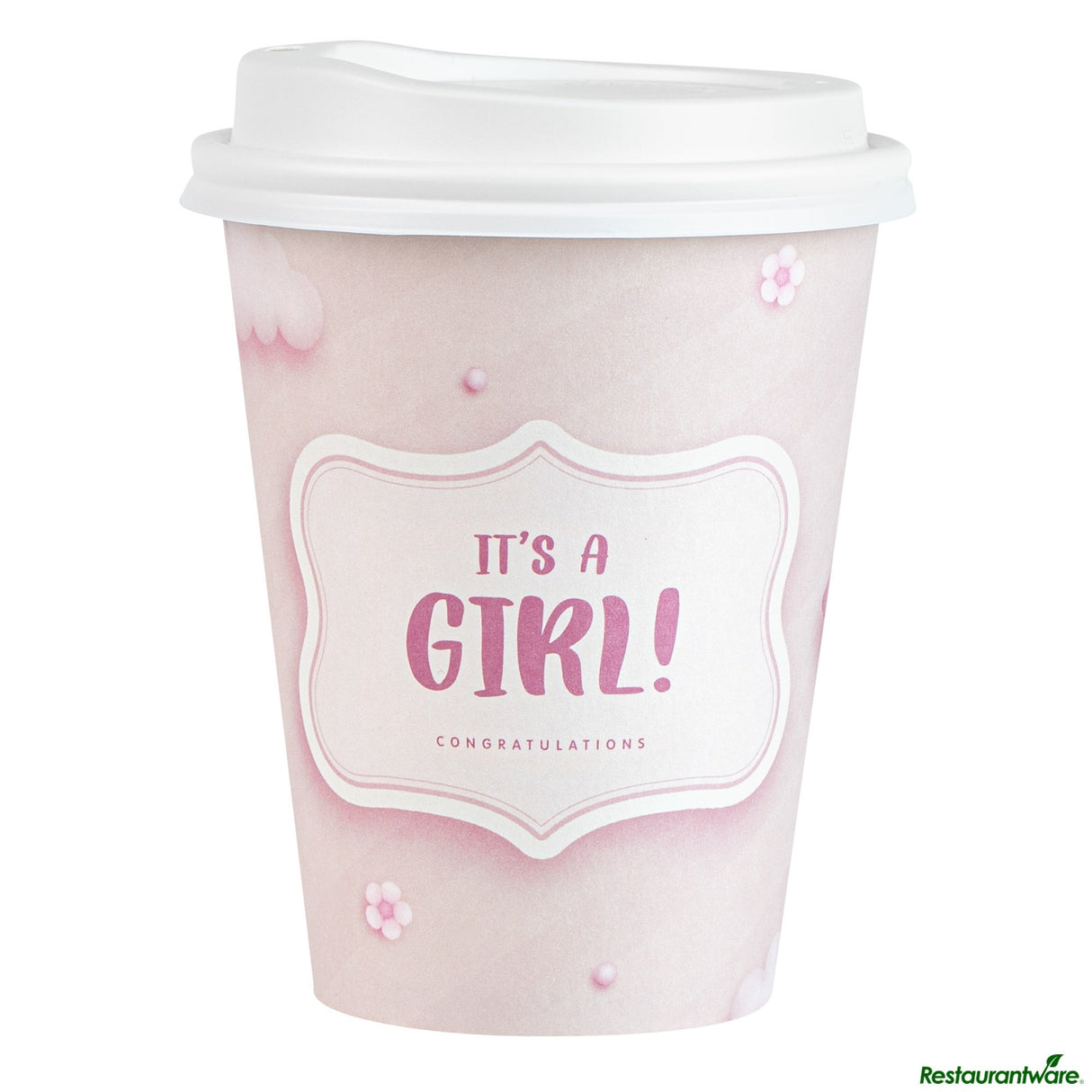 Cups, Hot, Restpresso 12 Ounce, Paper, It's a Girl, Single Wall, 3.5 x 3.5 x 4.75 Inch, with White Lid,20 - 1 EACH