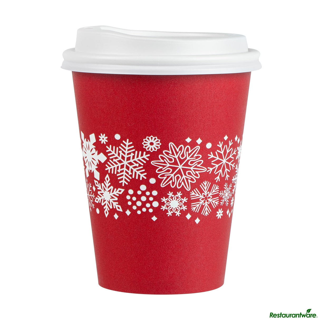 Cups, Hot, Restpresso 12 Ounce, Paper, Red Christmas Snowflakes, Single Wall, 3.5 x 3.5 x 4.75 Inch, with White Lid,20 - 1 EACH