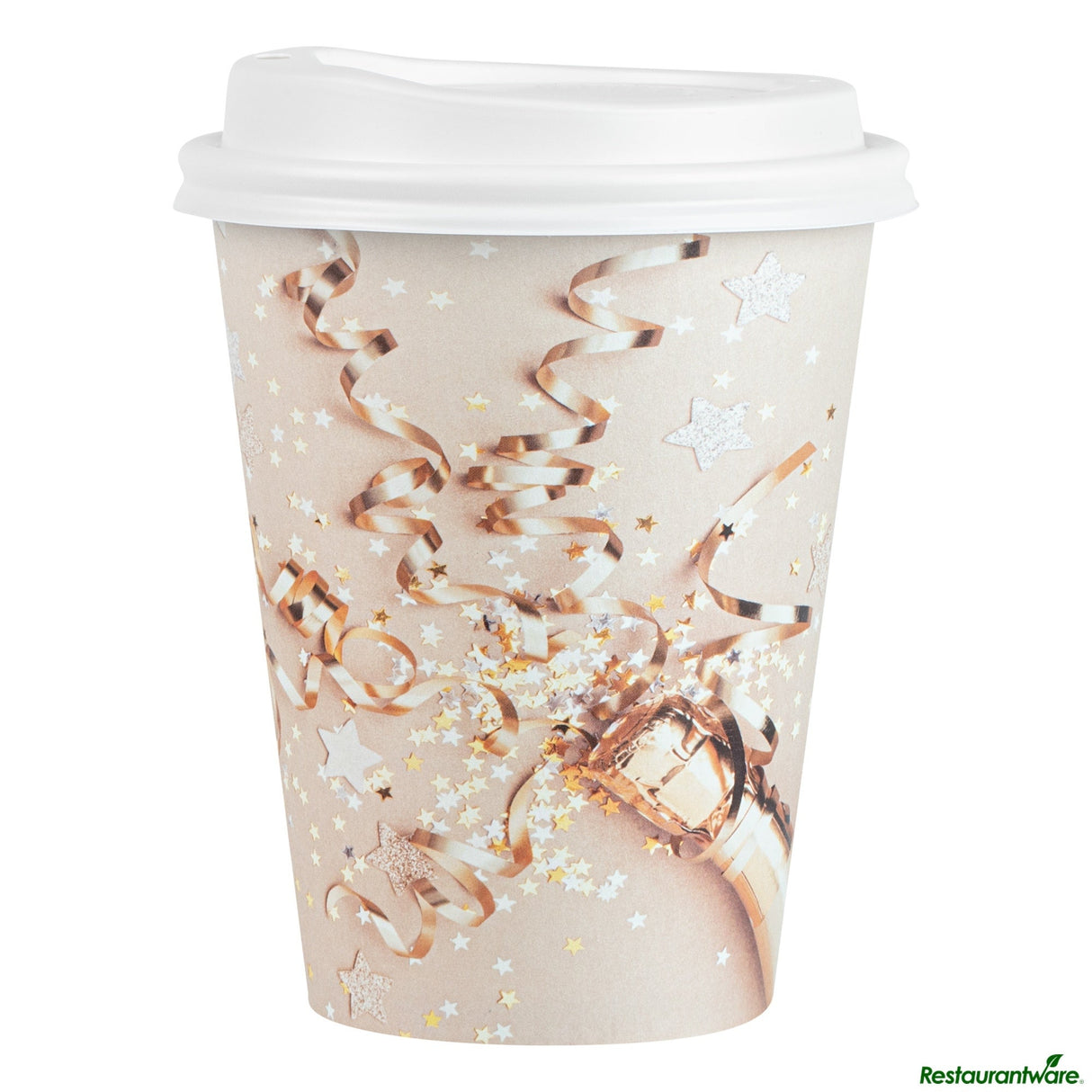 Cups, Hot, Restpresso 12 Ounce, Paper, New Year's Eve, Single Wall, 3.5 x 3.5 x 4.75 Inch, with White Lid,20 - 1 EACH