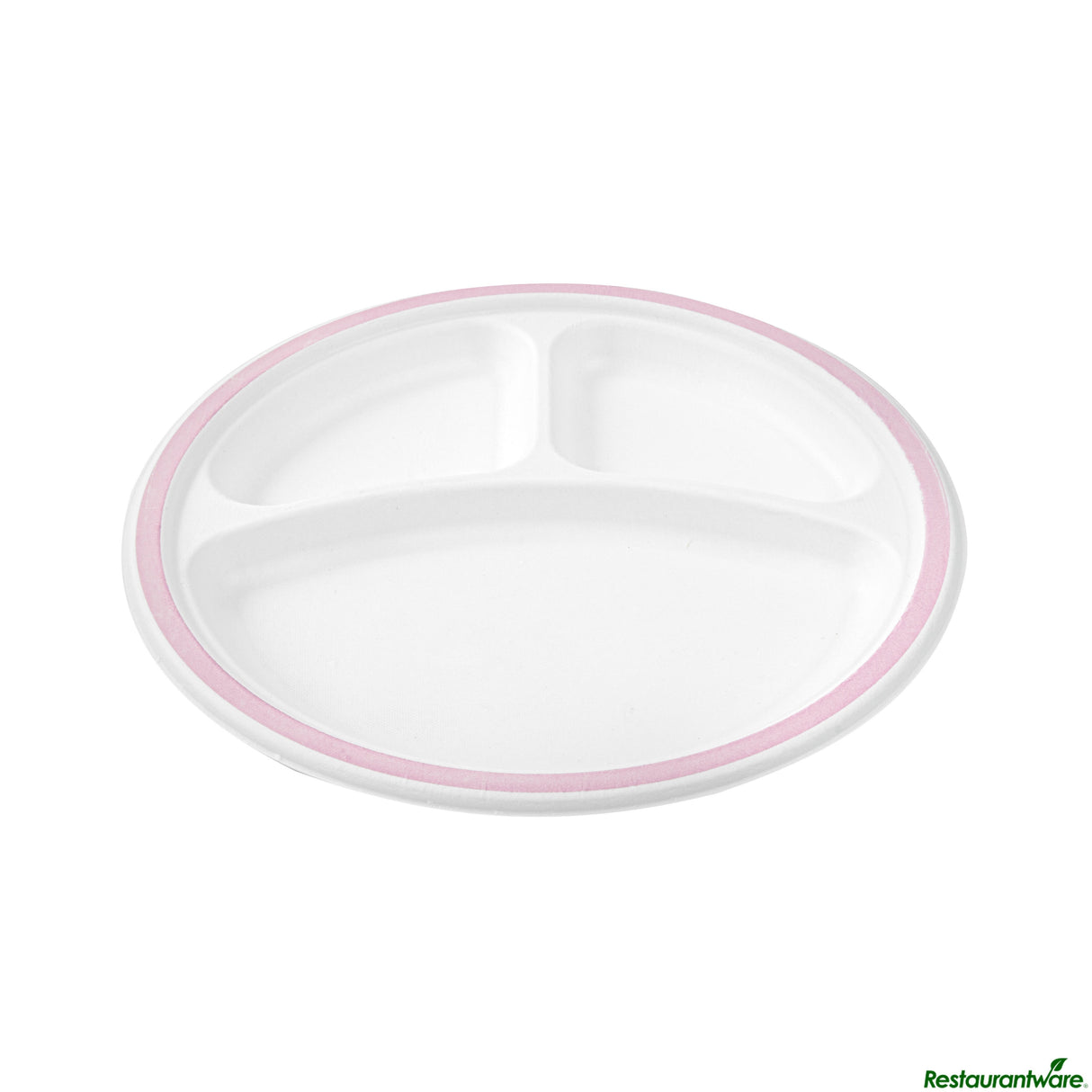 Plates, 3-Compartment, 10.25 Inch, Sugarcane, White, with Pink Rim,4 - 25 COUNT