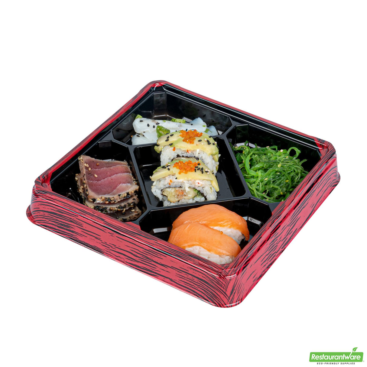 Boxes, 5-Compartment, Bento Tek 19 Ounce, Plastic, Red & Black, 8.50 x 8.50 x 1.25 Inch, Square,50 - 1 EACH